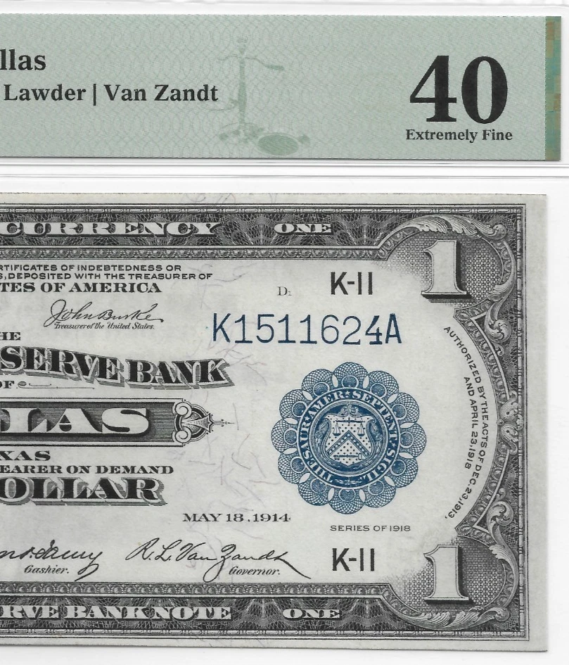 1918 $1 Federal Reserve Note  Dallas FR.740 PMG 40 EXTREMELY FINE Green Eagle - Image 4 of 4
