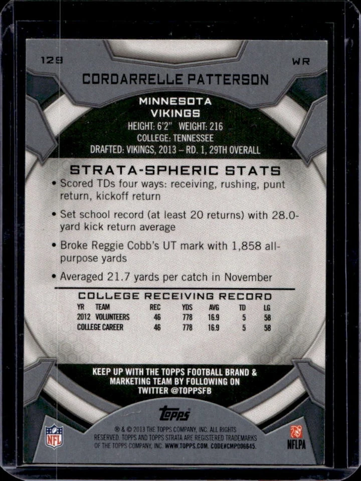2013 Topps Strata Cordarrelle Patterson RC Green Rookie #6/10 Vikings - Image 2 of 2