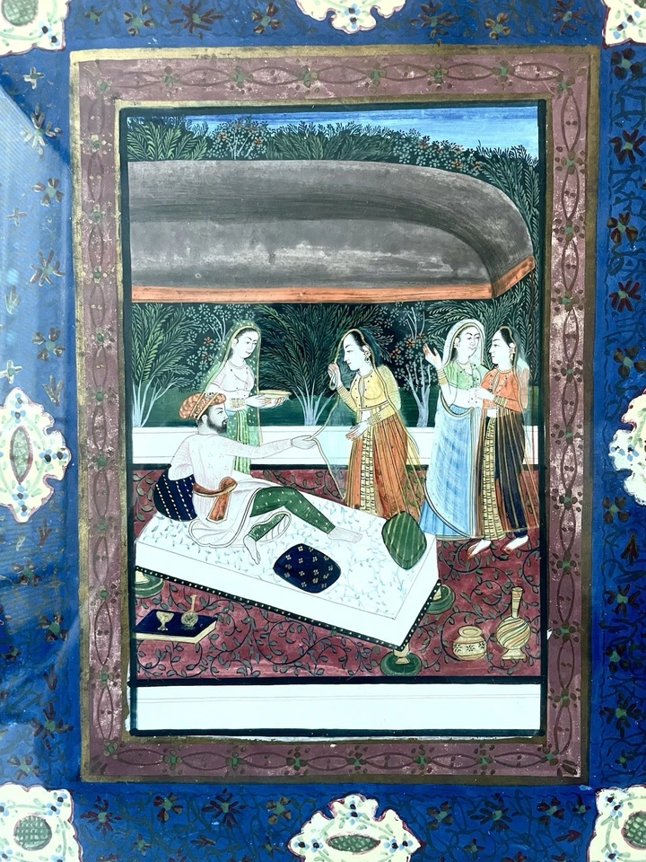 Arte de pared indio vintage pintado a mano Radha Krishna - escena de jardín enmarcada - 18x21 Foto 2 de 4