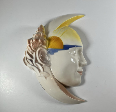 Vtg 1980s Will Herrera Ceramic Wall Mask Cast of Thousands Crescent Moon Sea Sun