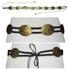 Vintage Concho Belt Beaded Floral Brass Tone Medallions Tie Waist Boho Western