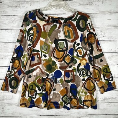 Ali Miles Geometric Abstract Earth Tone Pocket Tunic Top Stretch Rayon Spandex M