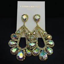 AB Crystal Statement Earrings Teardrop Gold Silver Wedding Prom Gift