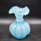 Vintage Fenton Melon Vase 6" Tall Ribbed Ruffled Edge Pale Blue Art Glass READ