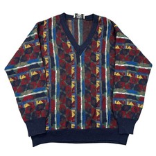 Vintage Knit Jumper Made In Italy V-Neck Patterned Wool Blend Mens XL