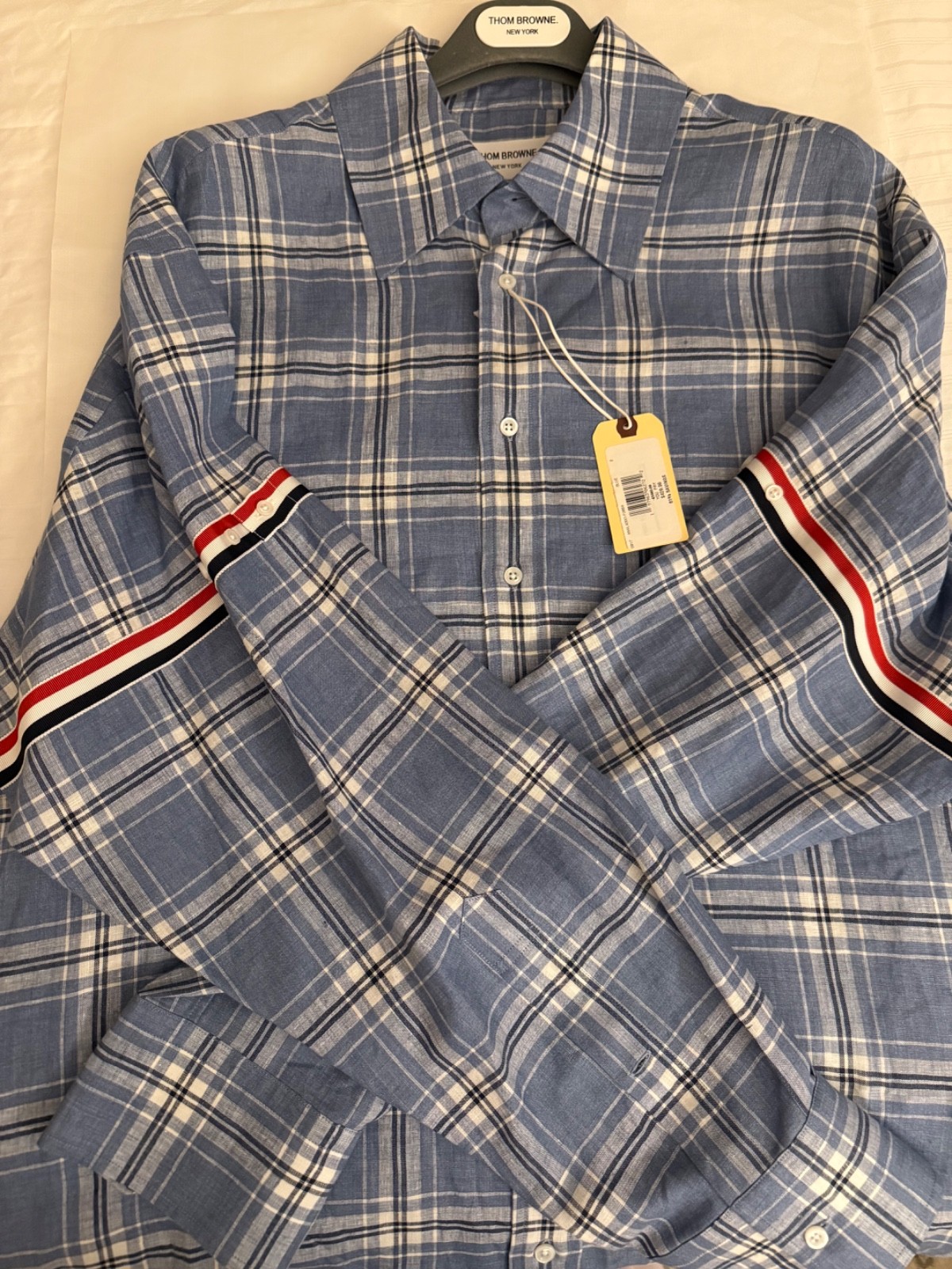 Thom Browne Blue Checked linen Oversized Shirt  w/armband  Sz 2  🩵AUTHENTIC🩵 image 5