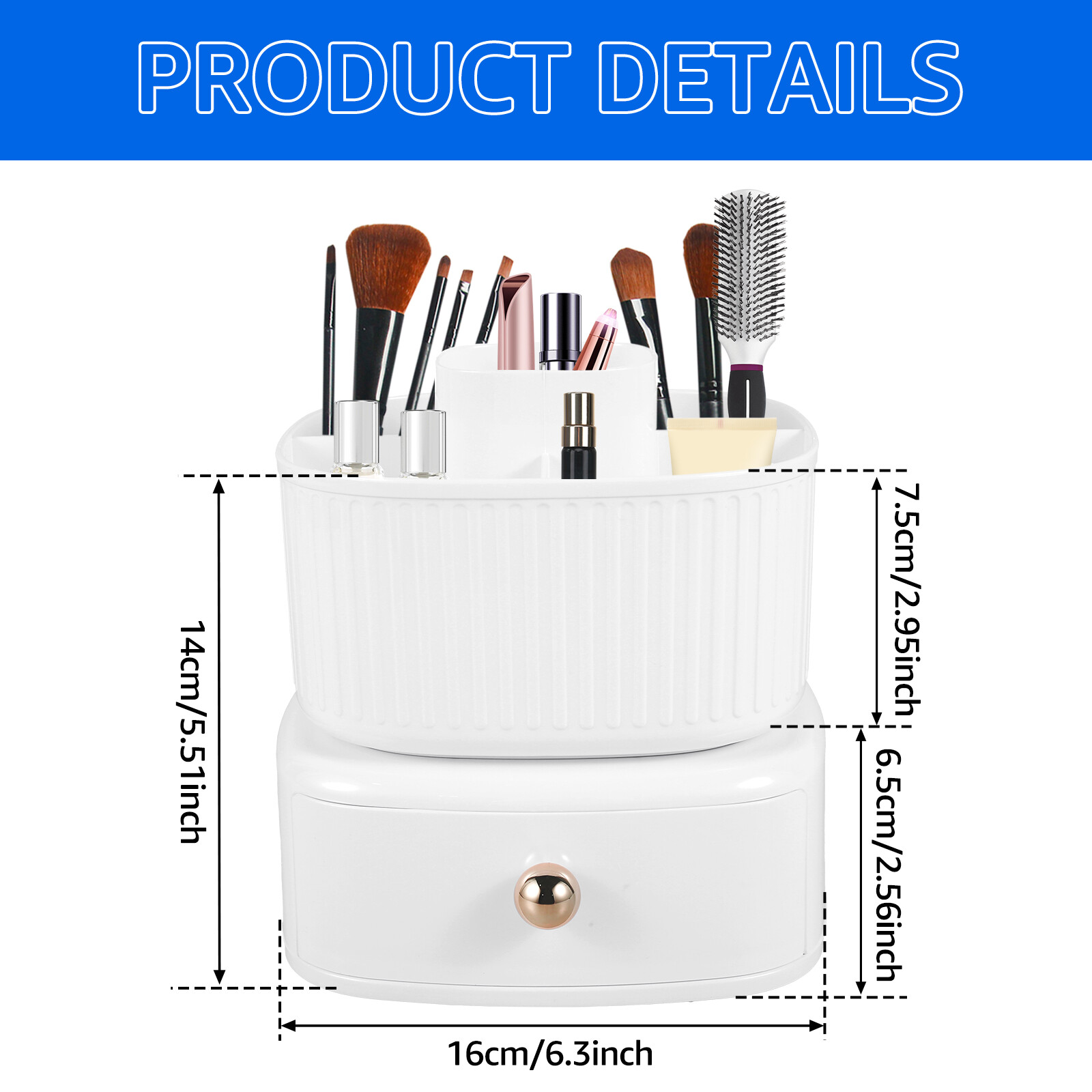 360°Rotating Makeup Brush Holder with Drawer Spinning Skincare