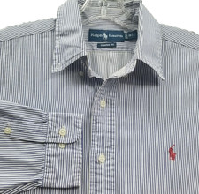 RALPH LAUREN Shirt Men's 16 L Navy Blue  White Striped CLASSIC FIT 100 Cotton