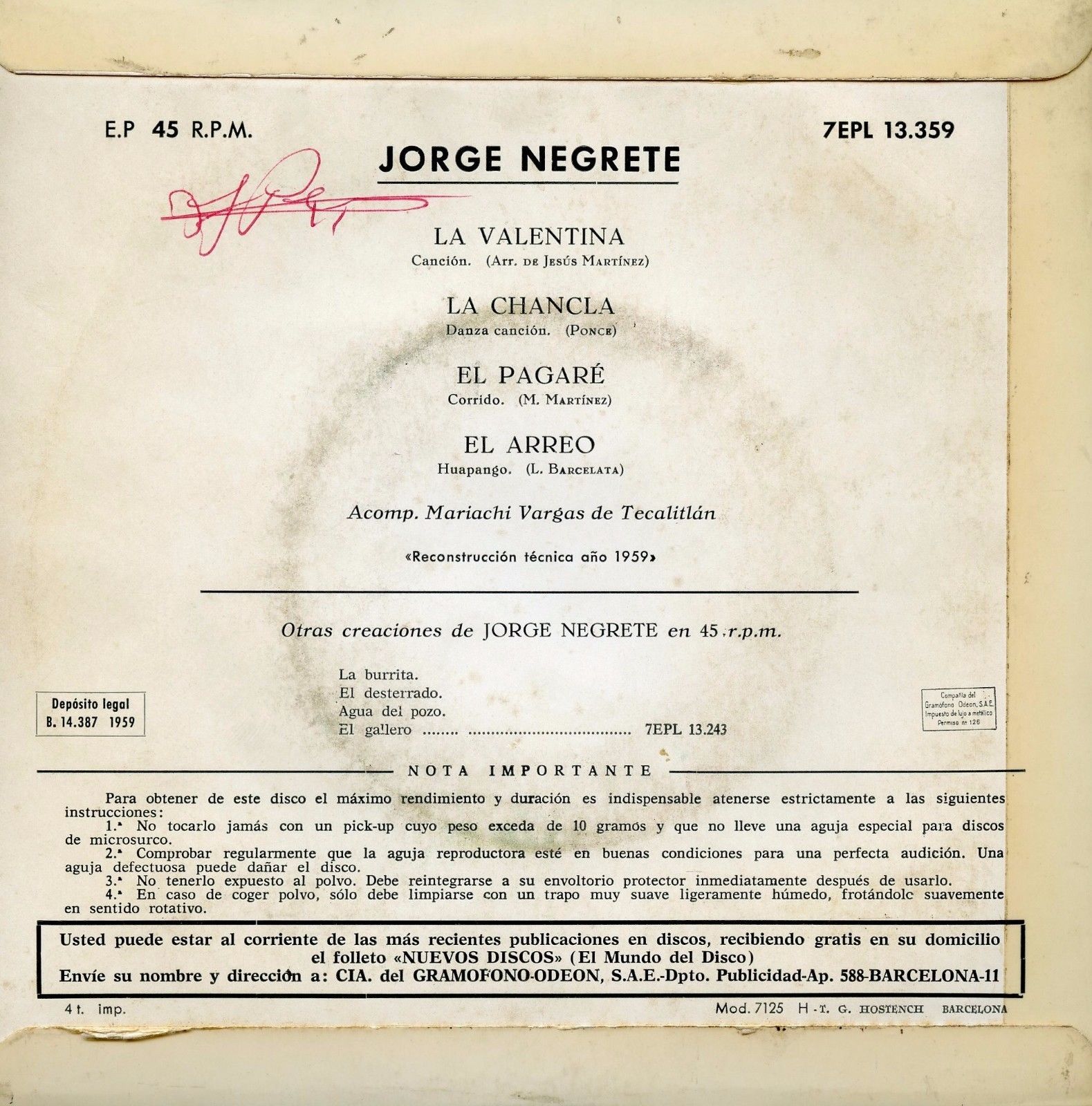 NEGRETE / La Valentina / LA VOZ AMO 7EPL 13.359 Press Spain 1959