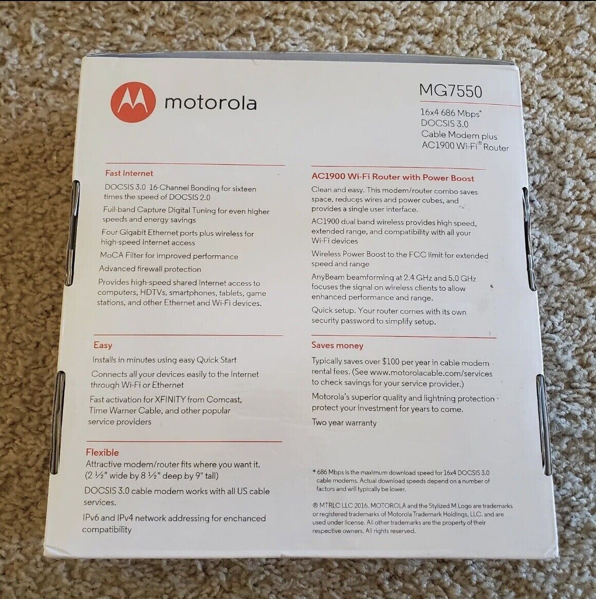 Motorola MG7550 16x4 686 Mbps DOCSIS 3.0 Cable Modem with