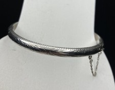 Sterling Silver 925 Etched Bangle Bracelet W Safety 7.25 5mm Made In Italy 7g