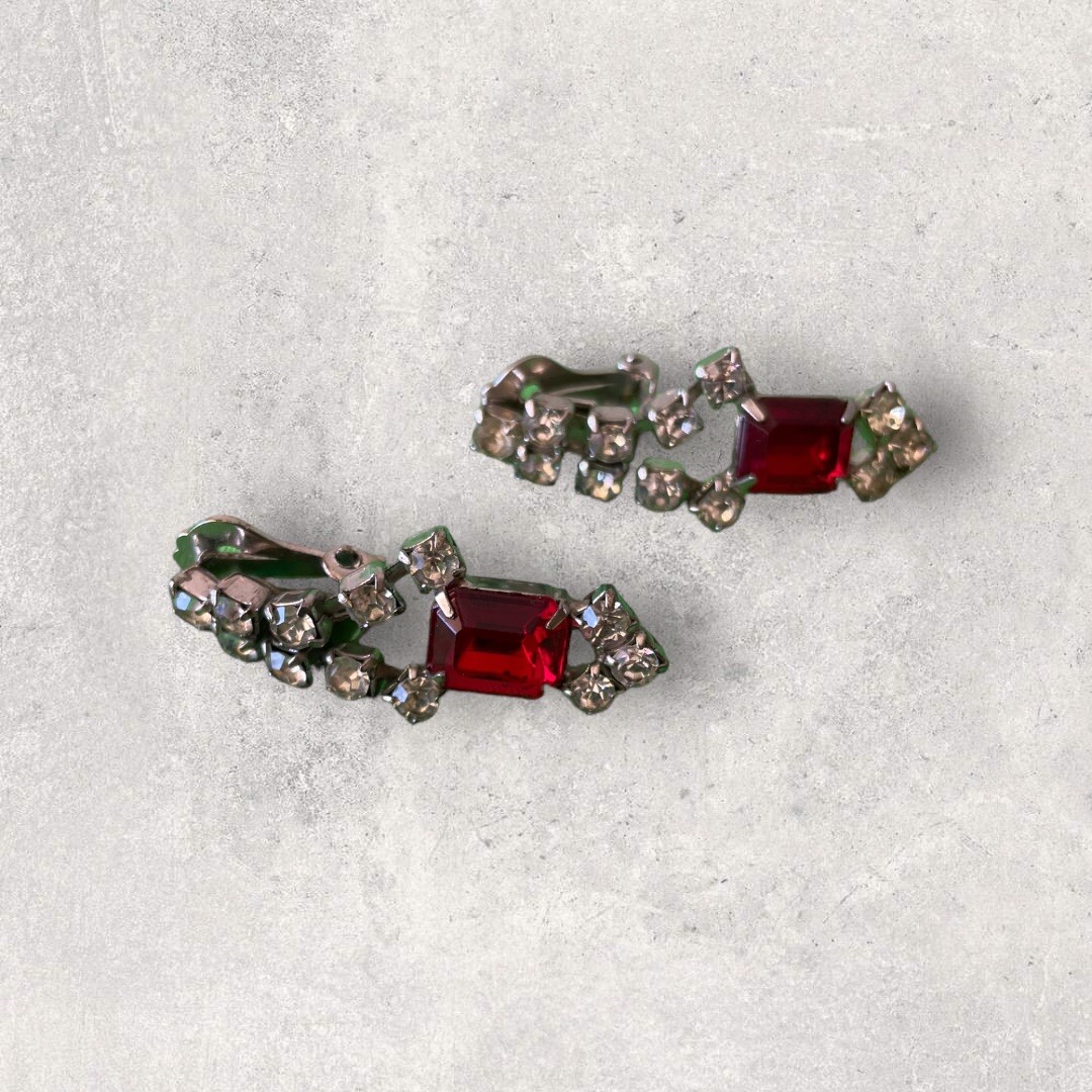 Emerald Cut Ruby Red & Clear Rhinestone Dangle Cl… - image 7