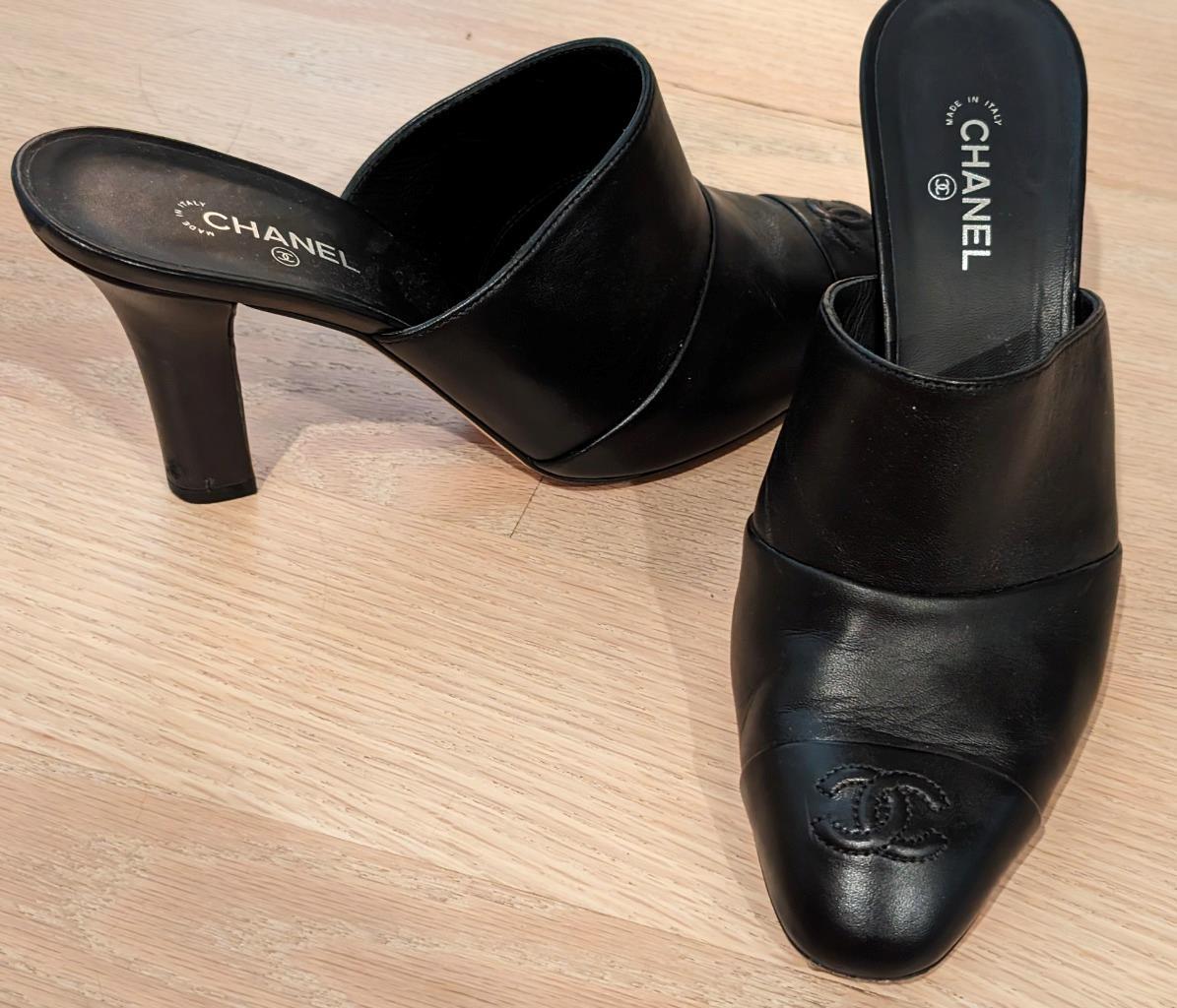 Chanel Black High Heel Mules with CC Logo on Toes Size 9 US