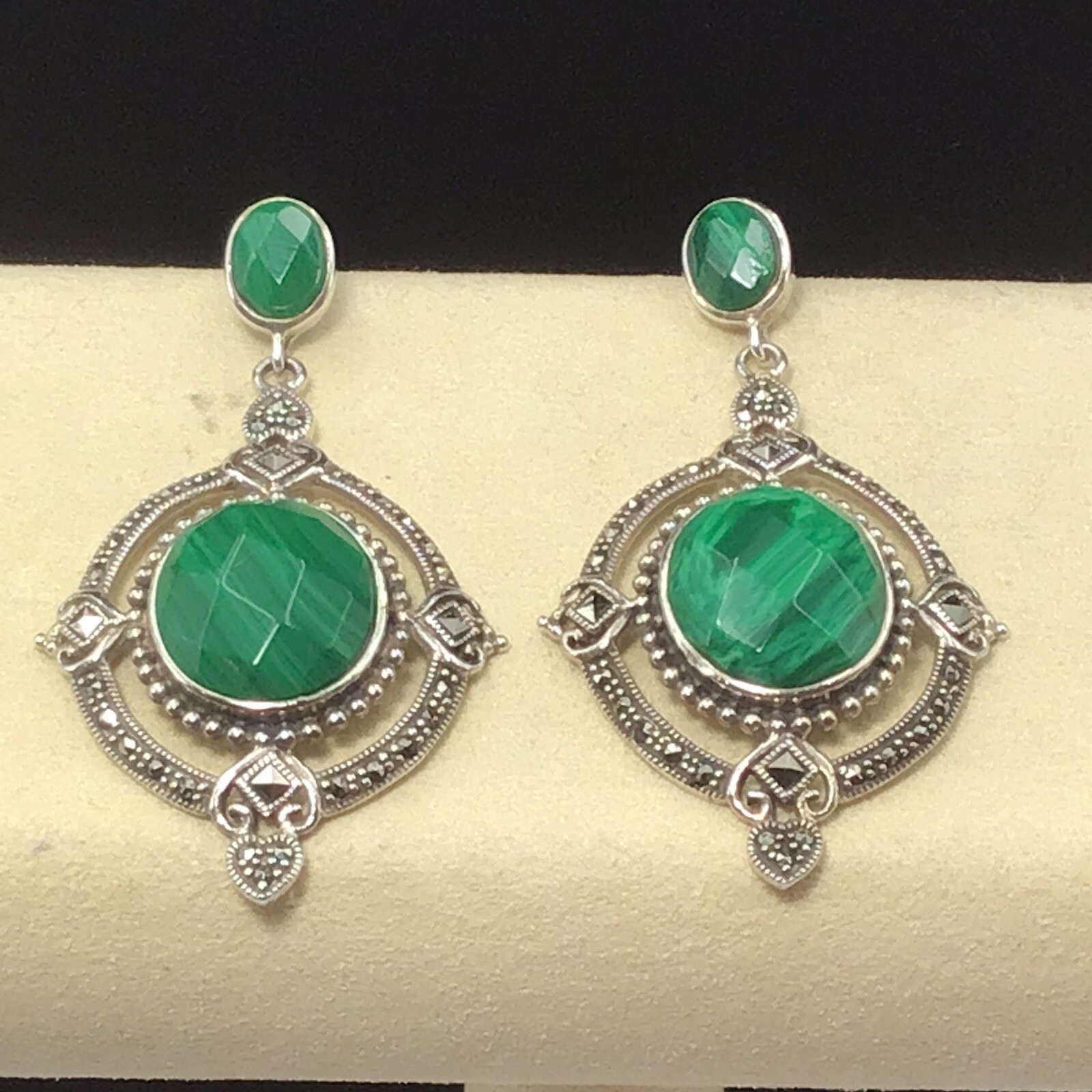 Sterling Silver Large Dangle Malachite Earrings 2” - image 5