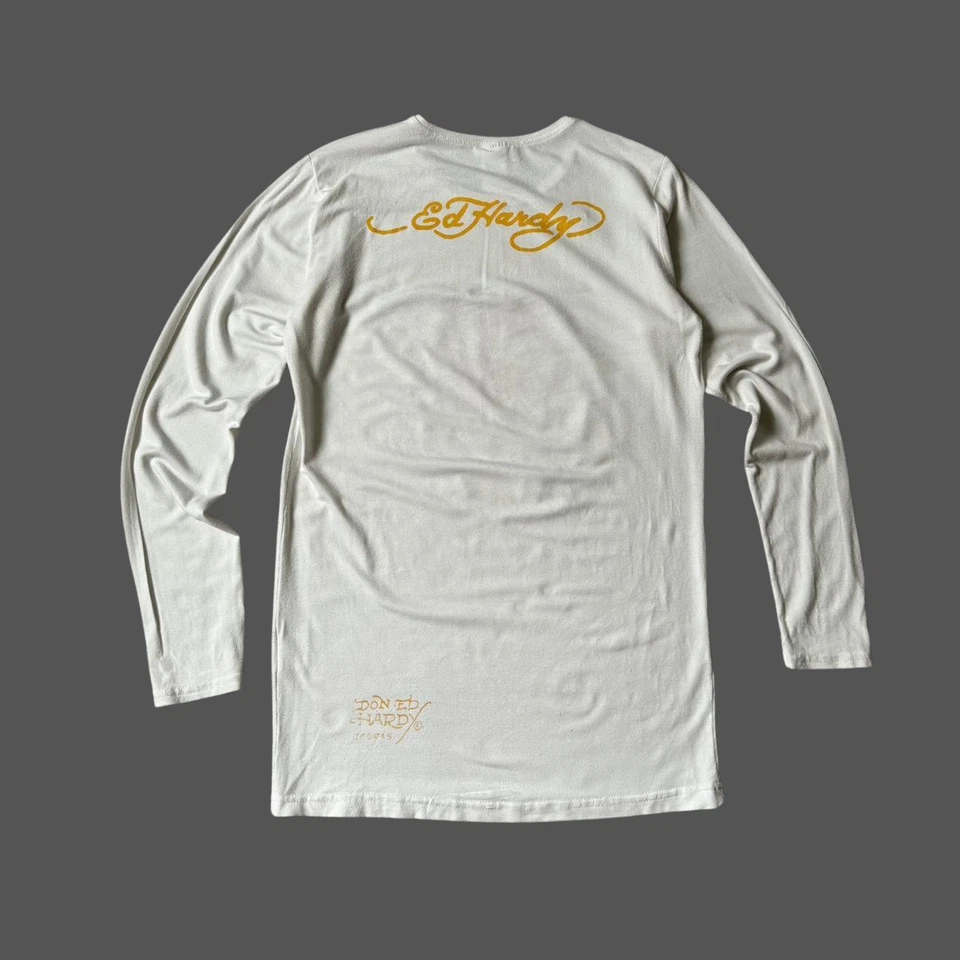 Camiseta De Colección Para Mujer Y2K Ed Hardy Ajustada Elastizada Manga Larga Blanca Talla S Foto 4 de 4