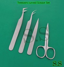 Stainless Steel Curved Tip Tweezers  Fine Point Tweezers curved Scissor Set