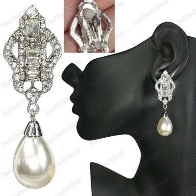 THE CLIP ON SHOP ORECCHINI GOCCIA PERLE CRISTALLO argento strass stile art deco CLIP ON baguette