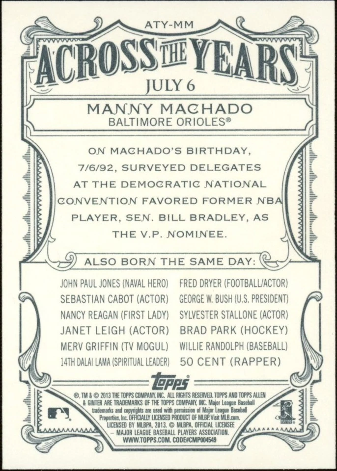 2013 Topps Allen & Ginter Manny Machado ATY-MM Across The Years - Image 2 of 2