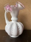 Fenton Beaded Melon Milk Glass Pitcher/Vase Ruffled Silver Crest Pink Cased