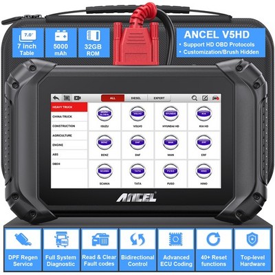 ANCEL V5 HD Heavy Duty Truck Scanner Diesel OBD Diagnostic DPF Regen E-CU Coding