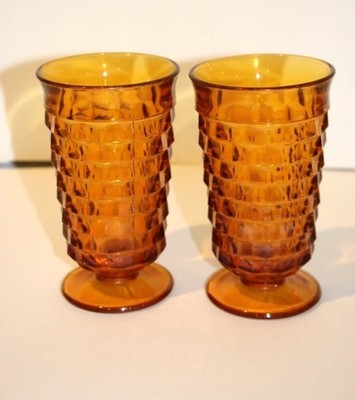 Vintage - (2) Amber - Indiana Whitehall Colony Cubist - Glass Footed Glasses
