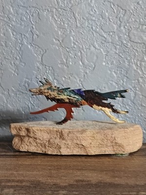 WOLF SPIRIT Native American Metal Cut On Sandstone Small Sculpture South Western