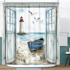 Coastal Beach Shower Curtain, Nautical Lighthouse Sailboat Ocean Seaside