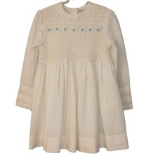Vintage Sears Perma-Prest Girls Smocked Dress Size 6 Cream Blue Embroidered Lace