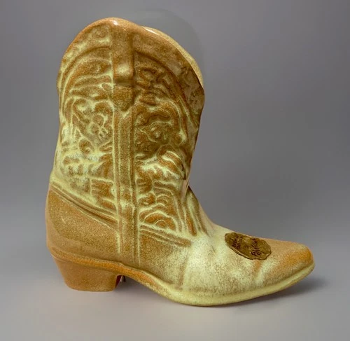 Frankoma Pottery #134 Small 4-1/2” Prairie Green Cowboy Boot Planter W/Sticker