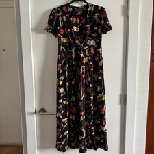 Christy Dawn Floral Midi Dress Black Deep V-Neck Short Sleeve Pullover Sz XL