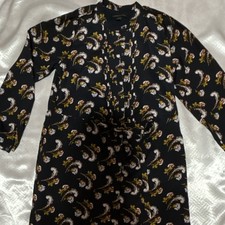 Banana Republic Black Floral A-Line Dress Button Pleated Long Sleeve XXS