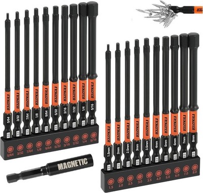 21 Piece S2 Steel Metric SAE Hex Head Allen Wrench Drill Bit Set 4 Inches Long