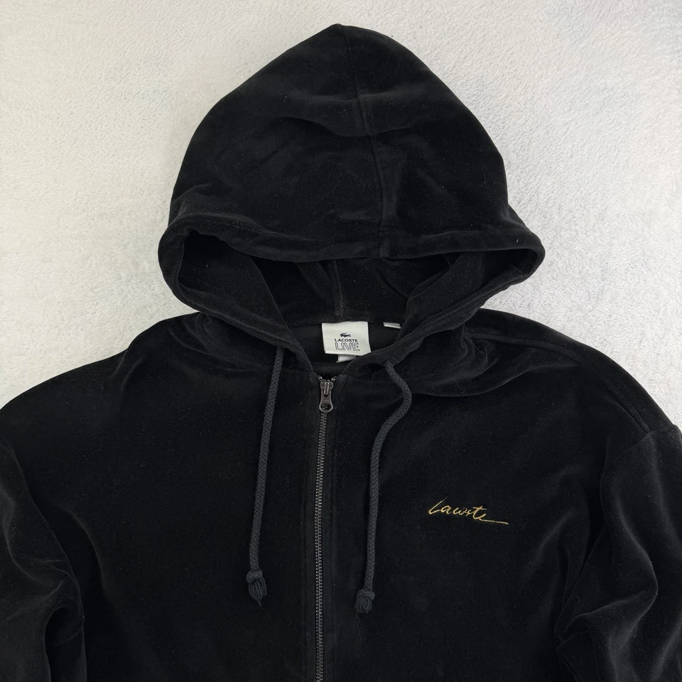 Lacoste L!VE Black Velour Zip Hoodie Men’s M Gold Script Logo Croc Soft Luxury - Image 2 of 4