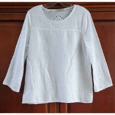 Francesca Bettini Size S White Linen Blouse Top Made in Italy Shirt Eyelet
