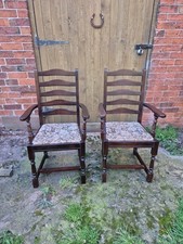 Pair of Ladderback "Old Charm" Style Oak Carver Chairs with Tapestry Seats