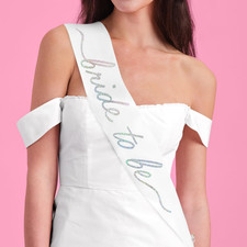 White Satin Bride to Be Sash with Iridescent Foil for Bachelorette Events