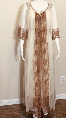 Vintage Jenelle Cali Peignoir Nightgown Set Bridal Ivory Lace Nightie Sheer Sz S