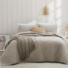 King Quilt Set, Khaki Lightweight Soft Bedspread Coverlet, Basket Weave Pattern