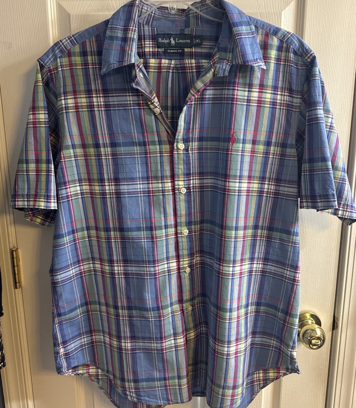 Ralph Lauren men’s Madras plaid S/S shirt pink logo XL button down collar