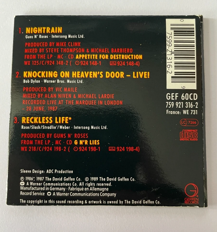 GUNS N' ROSES - NIGHTRAIN - 1989 3 INCH CD SINGLE 3 Tracks  1 live. - Image 3 of 4