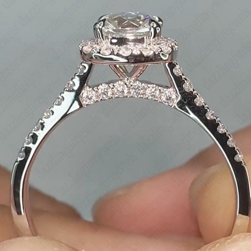 1.84 TCW Cushion Cut Moissanite Halo Engagement Ring In 14k White Gold Plated - Picture 4 of 10