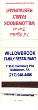 Middletown Pennsylvania Willowbrook Family Restaurant Vintage Matchbook Cover