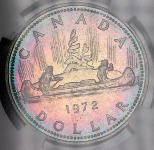 1972 $1 CANADA SILVER DOLLAR NGC SP 67 SPECIMEN PROOF COLOR TONED CANOE SLAB-108