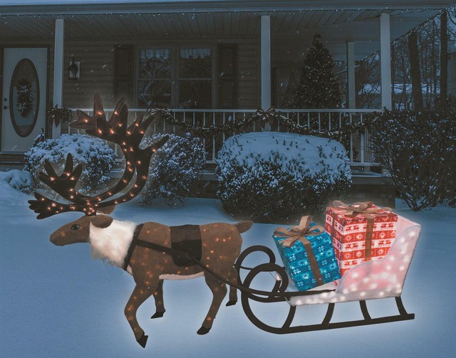 Gold Reindeer Sleigh Christmas Holiday Display Led Lighted Outdoor