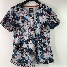 Dickies Womens Print Scrub Top DK731 V-Neck Medical SMALL Gray Teal Floral Fun