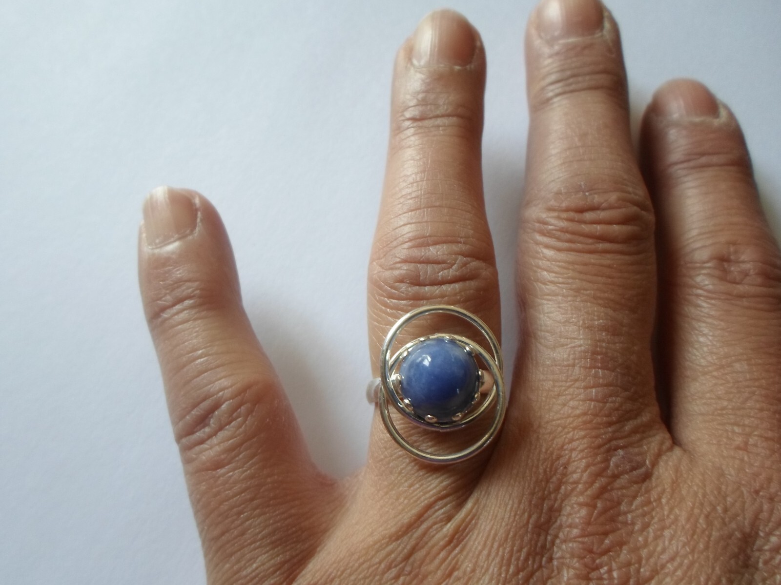 solid silver ring, blue stone cabochon, openwork … - image 1