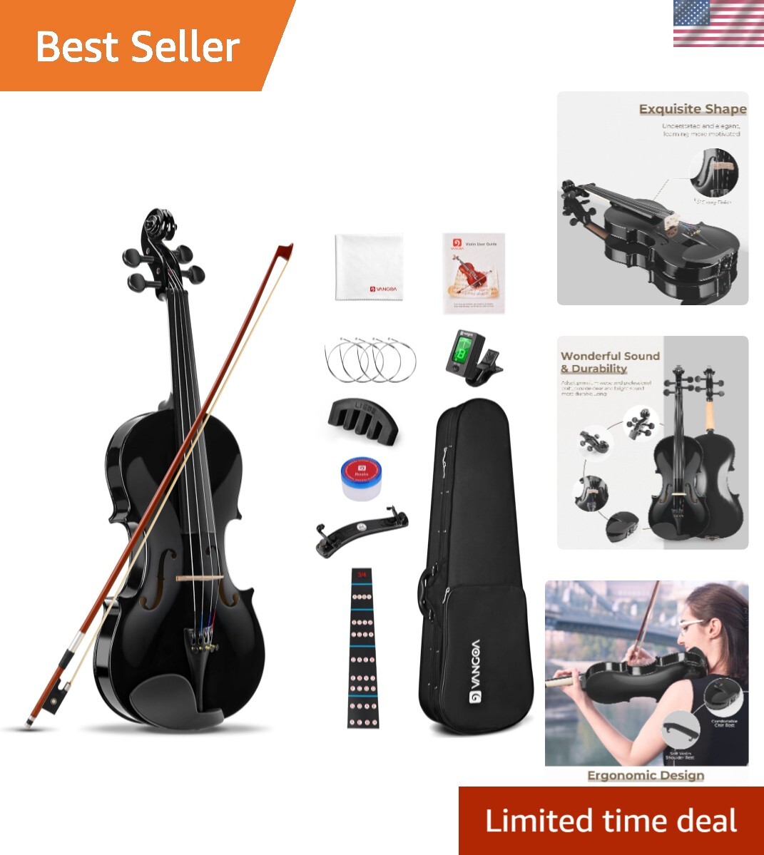 4/4 Acoustic Violin,Full Size Acoustic Violin Fiddle for Beginners Adults Vio...