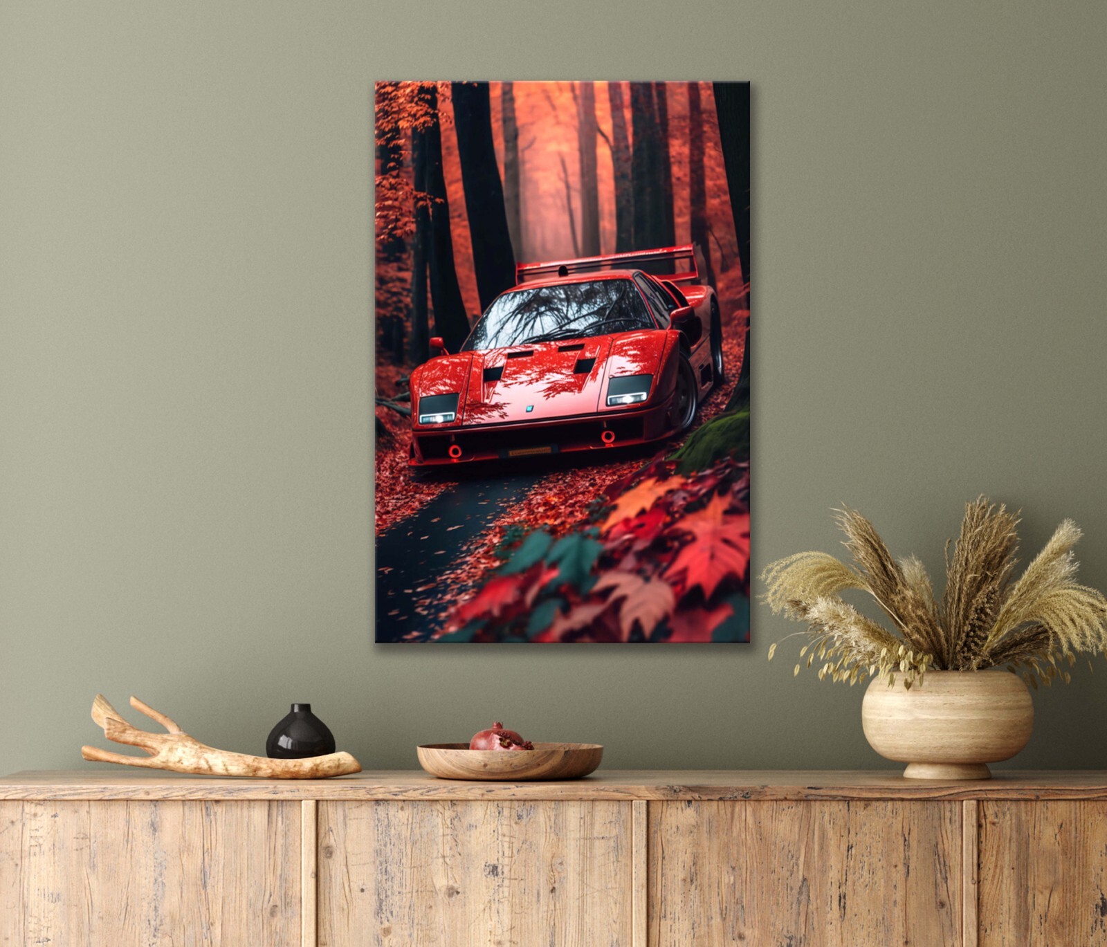 A Vibrant Red Vintage Car & Autumn Woods 40x60cm Canvas or Metal Print Wall Art