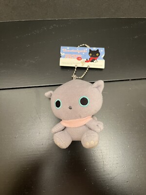 San-X Kutusita Nyanko Plush Cat Gray Pink Scarf Blue Eyes Keychain Charm 2008 3 