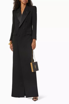 SAINT LAURENT YSL Double-Breasted Wool Coat Dress Black Satin Trim FR 36/US 4